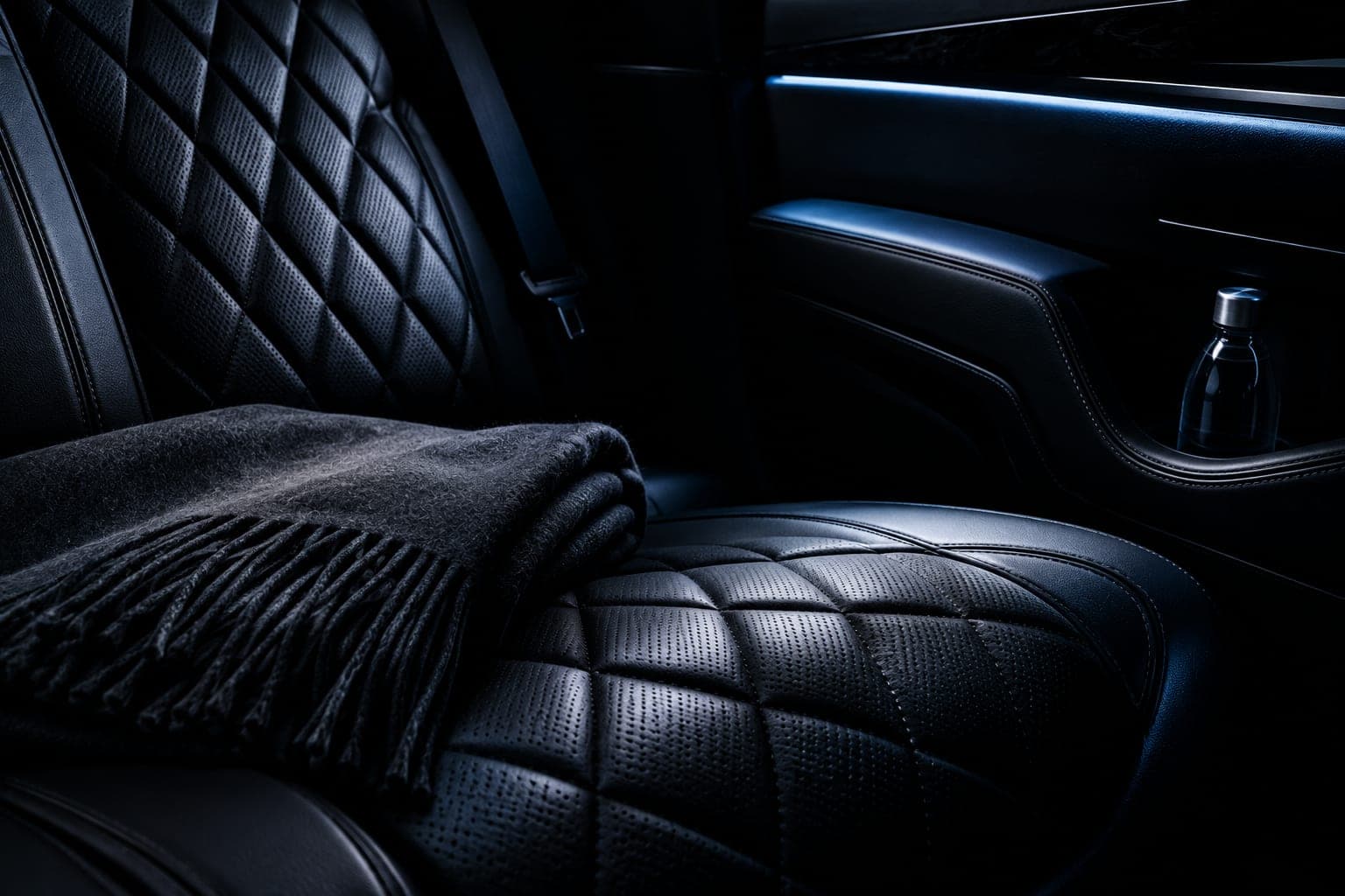 Quilted leather rear seat with a blanket and bottled water