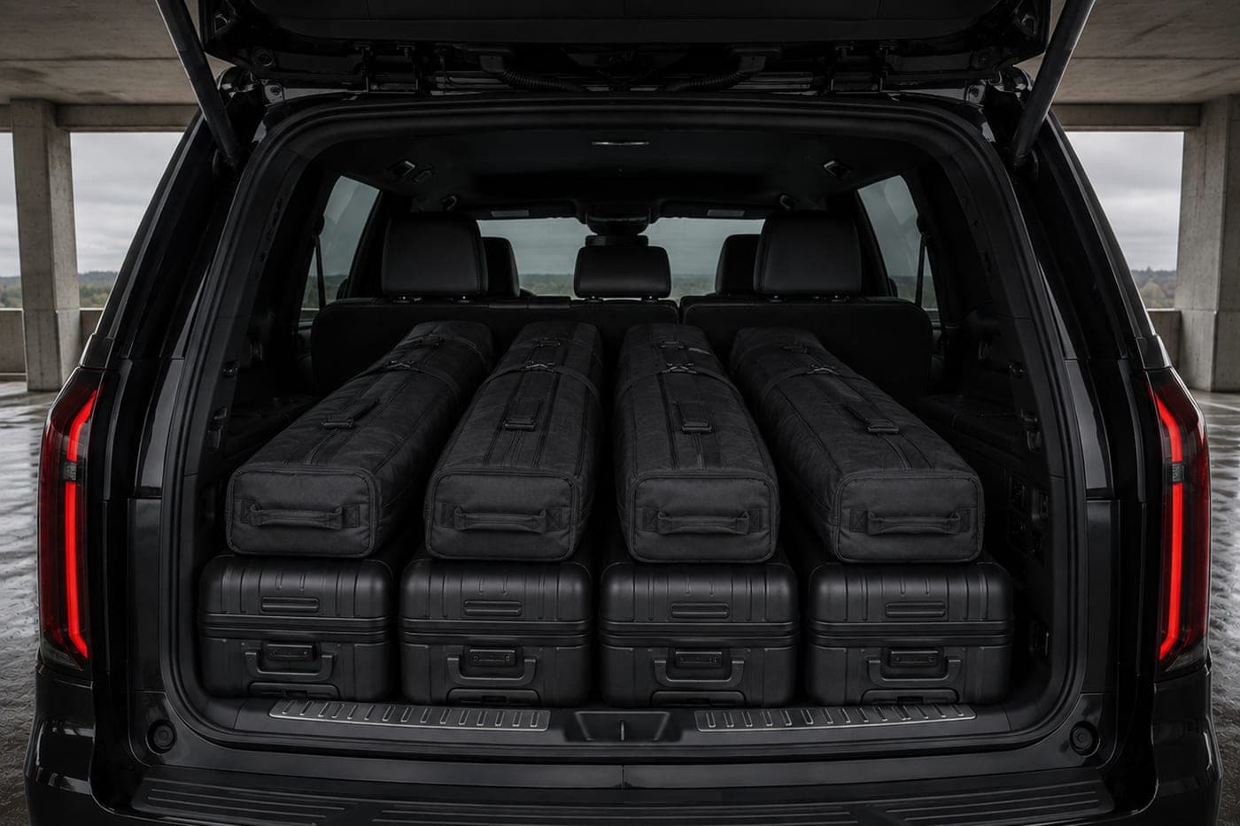 A large SUV cargo area holding four suitcases and four ski bags