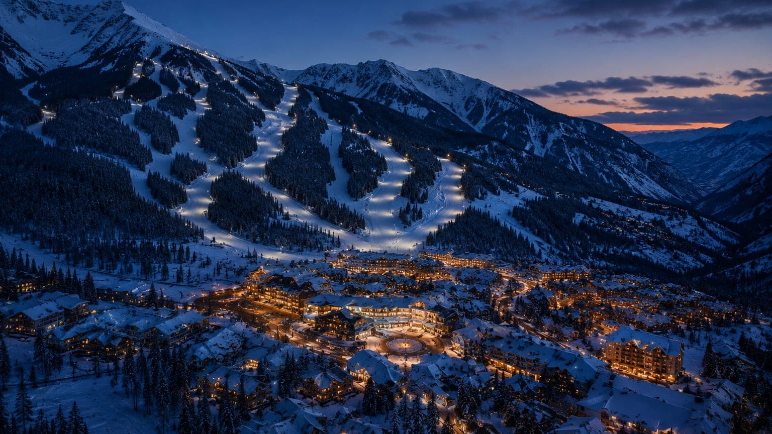 Park City at dusk, lit ski runs above the village