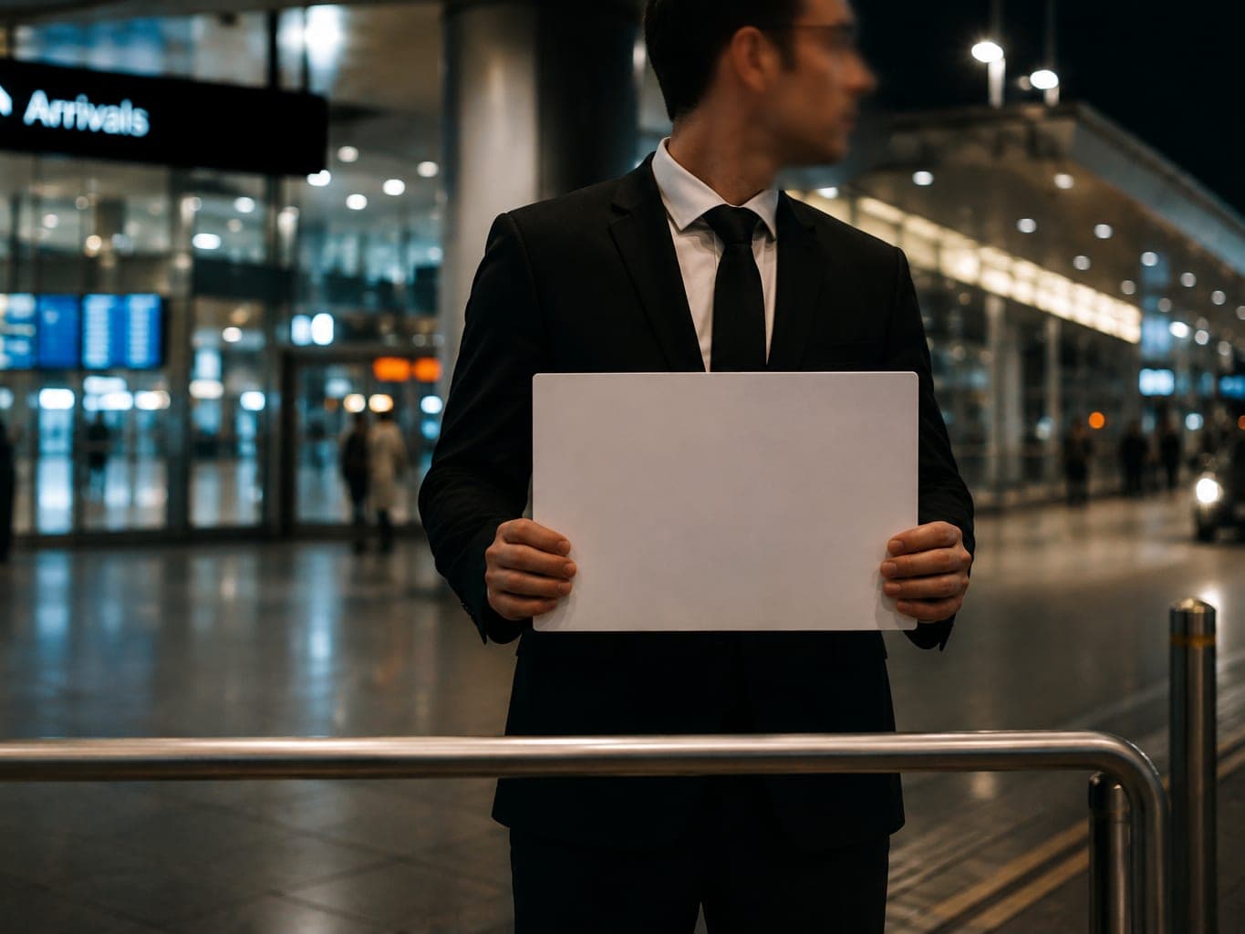 Chauffeur waiting at airport arrivals with a name sign