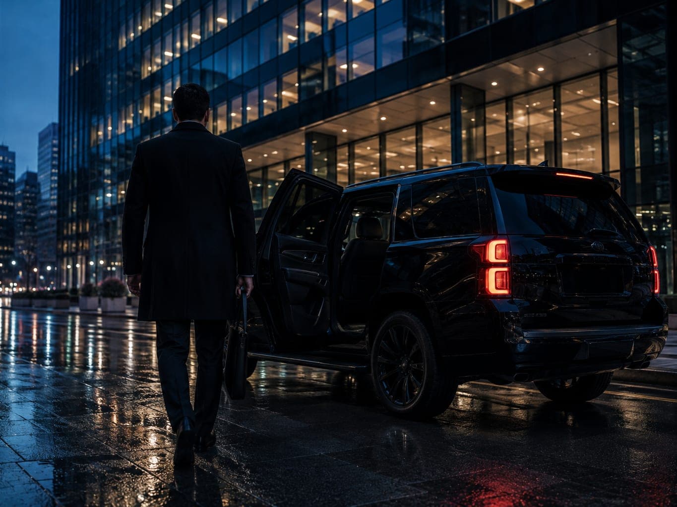 Executive boarding a black SUV outside a downtown office building